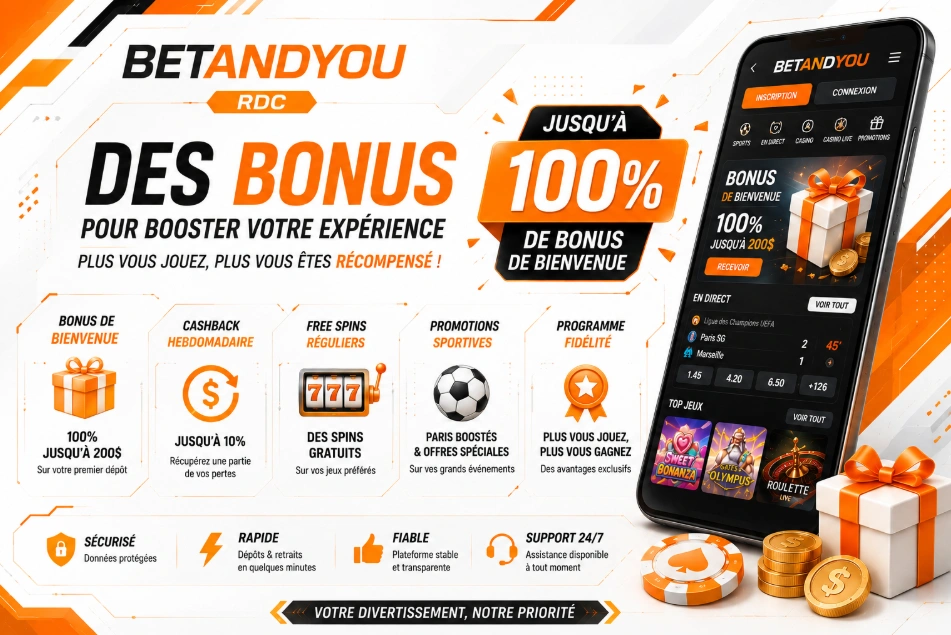 Betandyou RDC bonus de bienvenue cashback free spins et promotions sportives